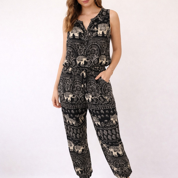 Anthropologie Pants - Anthro Lilka Elephant Print Jumpsuit S Jaipur Button Front Boho